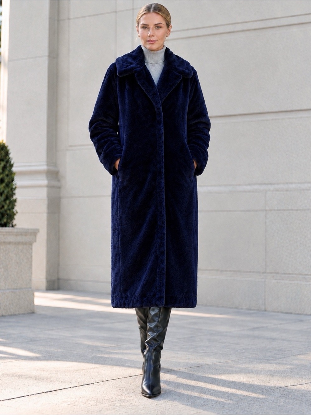 NWT STAUD Dubois Faux Fur Long Coat in Navy & Director Blue Size XS